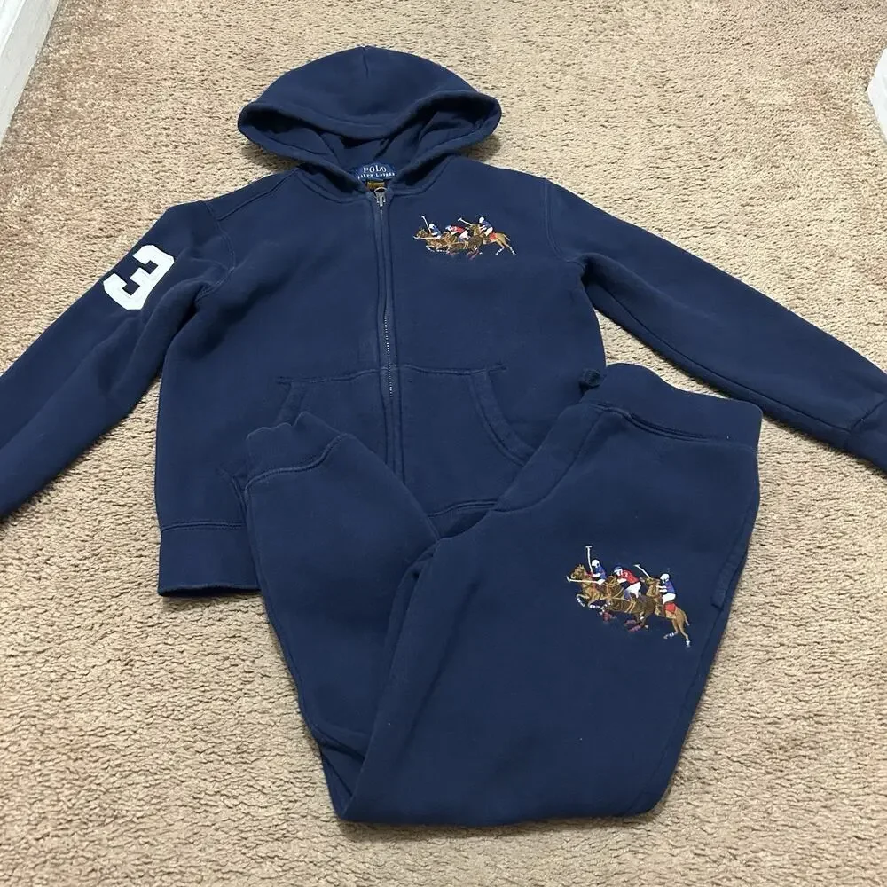 Polo Ralph Lauren Boys Triple Pony Hoodie Sweatpants Set Navy Size 6